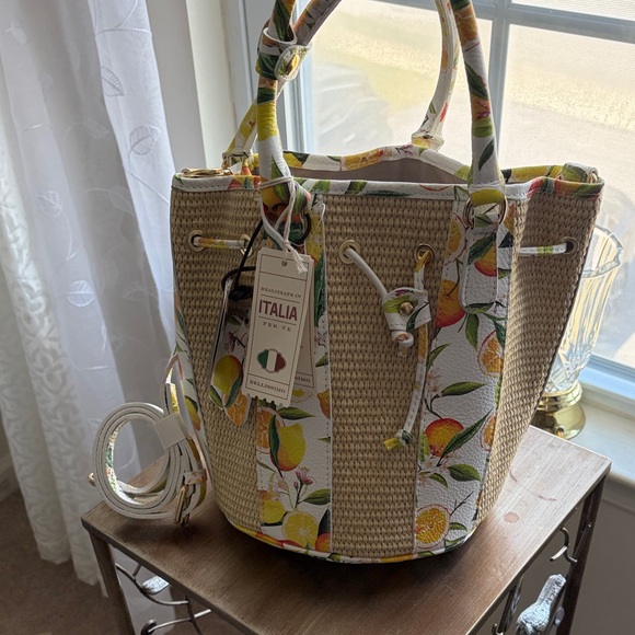 Italina Handbags - Italina Lemon Print Straw Bucket Tote - White & Yellow